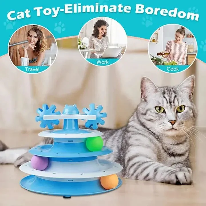 4-Level Cat Tower with Rotating Balls, Colorful Toys & Bell – Interactive Cat Play Toy
