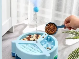 Pet Tower Cat Feeder with Turntable, Toy & Teaser Stick – Interactive Cat Play & Feeding Toy