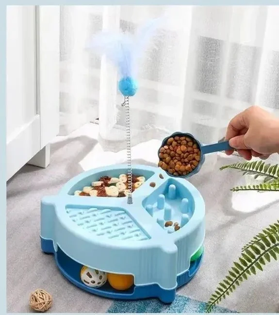 Pet Tower Cat Feeder with Turntable, Toy & Teaser Stick – Interactive Cat Play & Feeding Toy